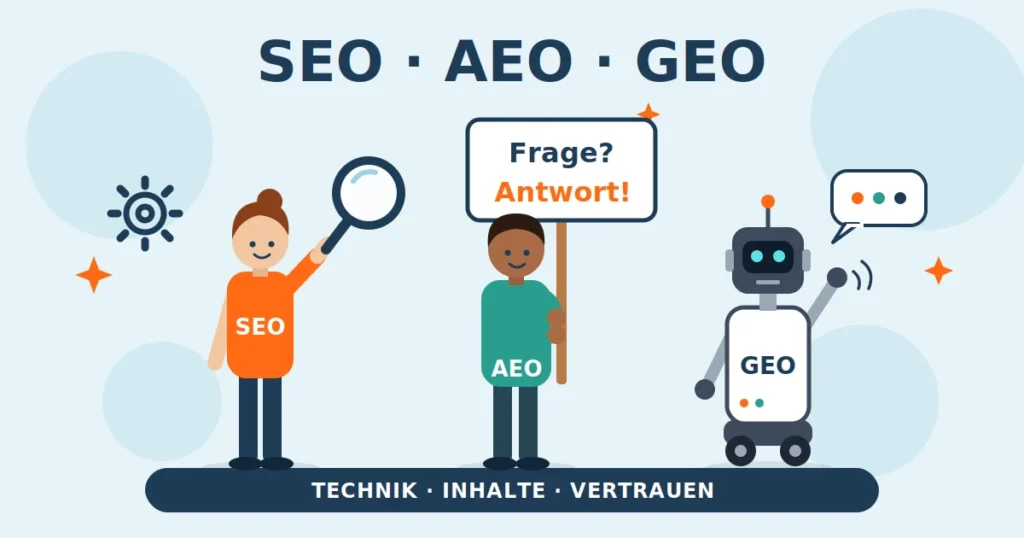 Illustration mit drei Figuren für SEO, AEO und GEO auf einem gemeinsamen Fundament aus Technik, Inhalten und Vertrauen